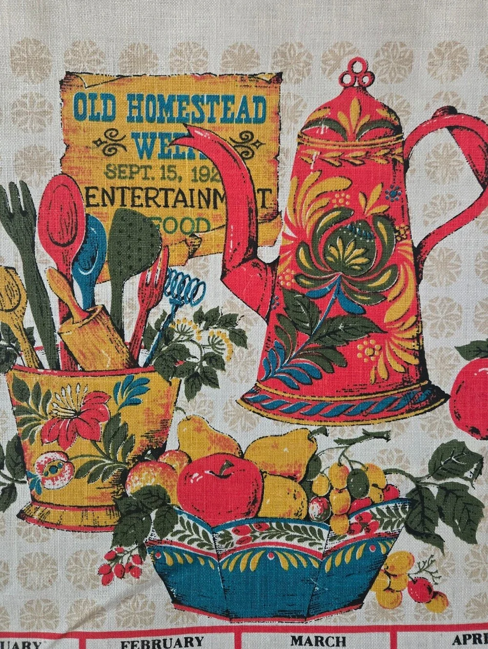 Vintage 1969 Calendar Linen Tea Towel w/ Rod & String to Hang Kitchen Theme